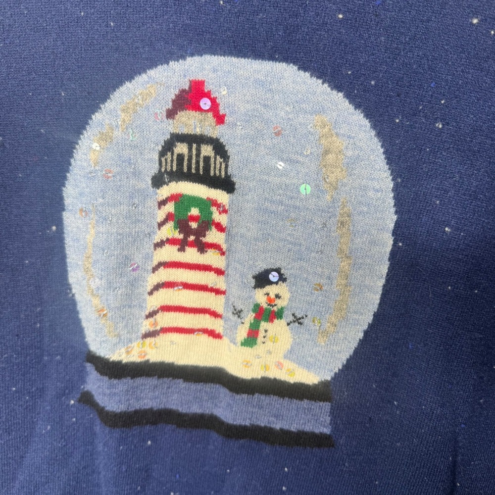 Talbots Petites Navy‎ Blue Lambswool Blend Snow Globe Lighthouse Sweater MP - Picture 4 of 8